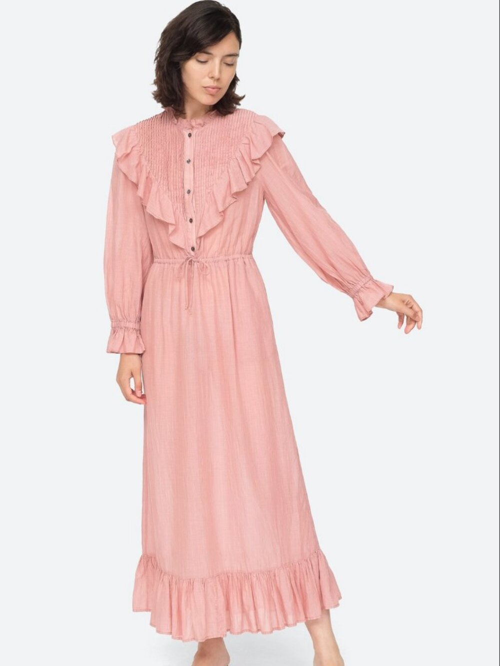 Sea New York Clara Ruffled Cotton-Voile Pink Long Sleeve Maxi Dress